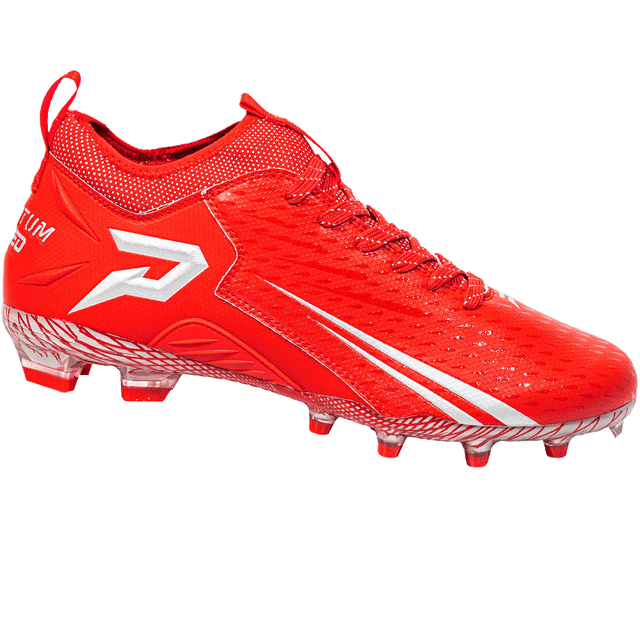 Phenom Elite Quantum Speed 2.0 red football cleat — low-cut speed cleat, side view