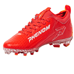 Phenom Elite Quantum Speed 2.0 red football cleat — angled view, low-cut speed silhouette