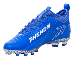 Phenom Elite Quantum Speed 2.0 royal blue football cleat — angled view, low-cut speed silhouette