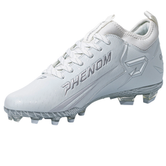 Phenom Elite Quantum Speed 2.0 white football cleat — angled view, low-cut speed silhouette