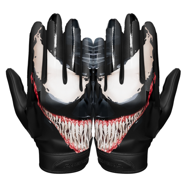 Phenom Elite Villain VPS3 Vapor-Stick football gloves — all-black villain-themed product shot, palm and backhand view