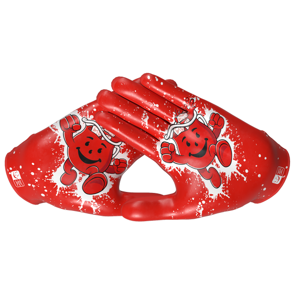 Phenom Elite Kool-Aid Cherry Vapor-Stick football gloves — Kool-Aid red with white splatter, licensed Kool-Aid gloves, backhand view of Lycra silicone-print shell