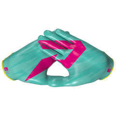 Phenom Elite Kool-Aid Sharkleberry Fin Vapor-Stick football gloves — teal, pink, and yellow licensed Kool-Aid gloves, backhand view of Lycra silicone-print shell with Kool-Aid camo