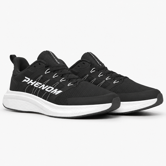 Phenom Elite Quantum Pulse training shoe in Obsidian black with white cushioned midsole, side view of a pair