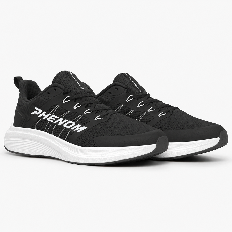 Phenom Elite Quantum Pulse training shoe in Obsidian black with white cushioned midsole, side view of a pair