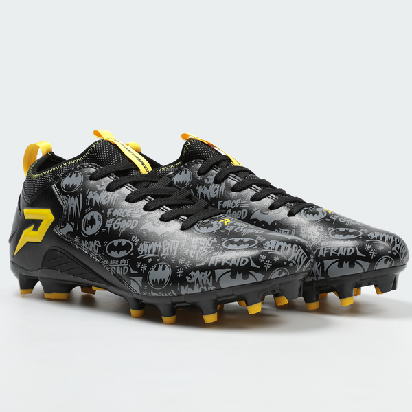 Phenom Elite x DC Comics Batman football cleat — Quantum Speed black low-cut speed cleat, hero shot