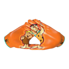 Phenom Elite Flintstones Bedrock Blitz Vapor-Stick football gloves — orange cheetah-print licensed Warner Bros gloves, backhand view of Lycra silicone-print shell with teal accents
