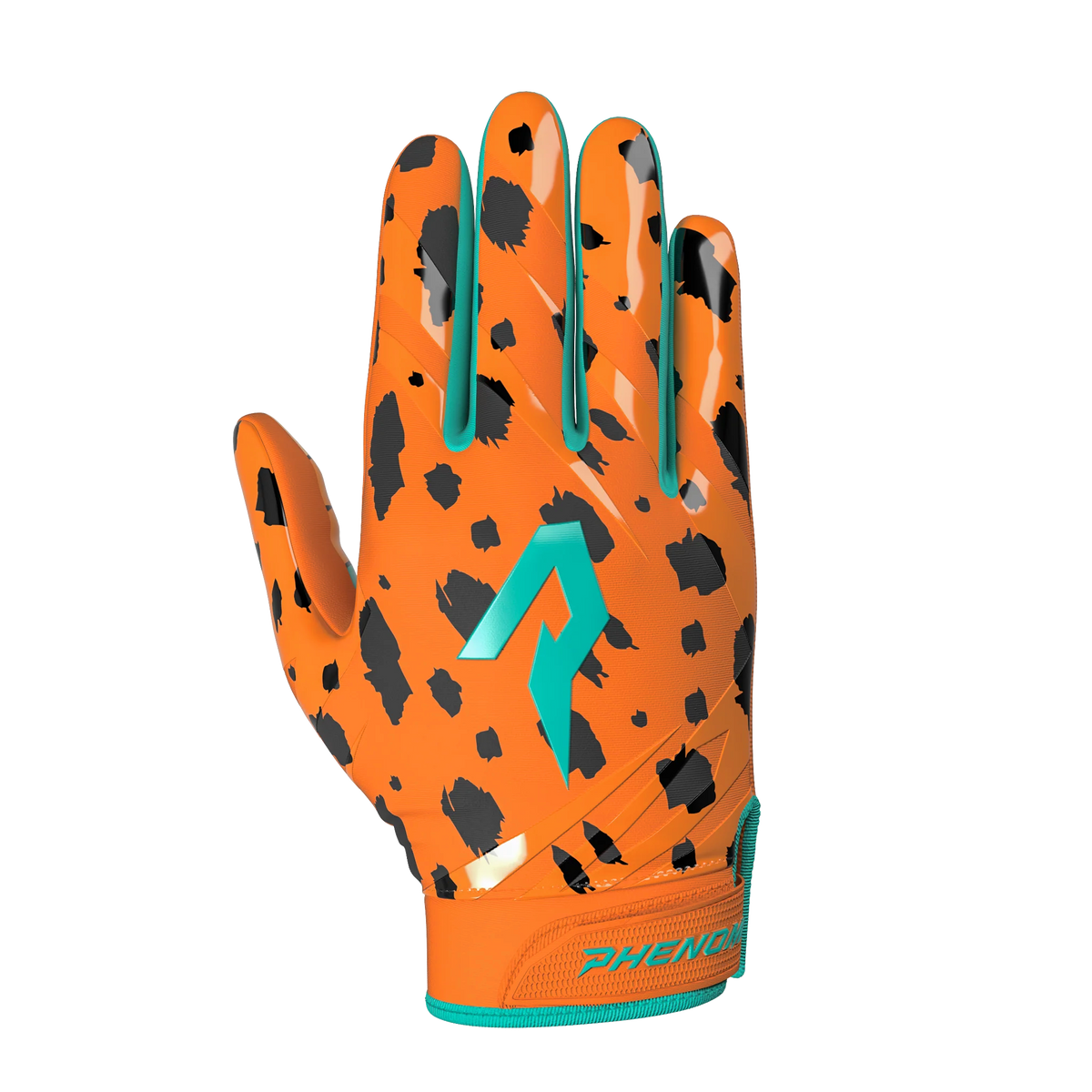 Phenom Elite Flintstones Bedrock Blitz Vapor-Stick football gloves — orange cheetah-print licensed Warner Bros gloves, palm view showing silicone Vapor-Stick grip with Fred and Barney art
