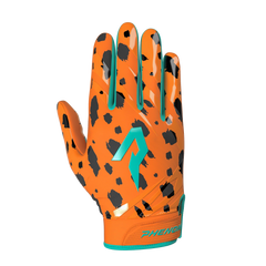 Phenom Elite Flintstones Bedrock Blitz Vapor-Stick football gloves — orange cheetah-print licensed Warner Bros gloves, palm view showing silicone Vapor-Stick grip with Fred and Barney art