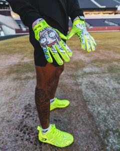 Phenom Elite x Rick and Morty VPS1 Vapor-Stick football gloves — product detail with portal graphics on backhand