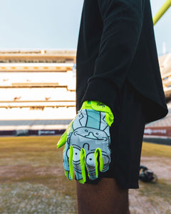 Phenom Elite x Rick and Morty VPS1 Vapor-Stick football gloves — close-up product detail with character artwork