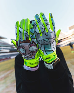 Phenom Elite x Rick and Morty VPS1 Vapor-Stick football gloves — lifestyle photo of athlete wearing slime green gloves