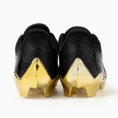 Phenom Elite Quantum Carbon Gold Rush Black & Gold football cleat — side profile, low-cut speed silhouette