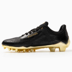 Phenom Elite Quantum Carbon Gold Rush Black & Gold football cleat — close-up of black upper and gold accents