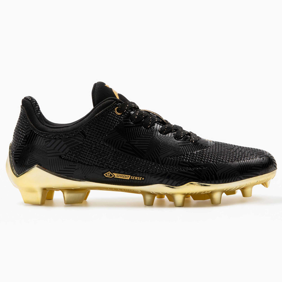 Phenom Elite Quantum Carbon Gold Rush Black & Gold football cleat — back heel view with metallic gold detailing