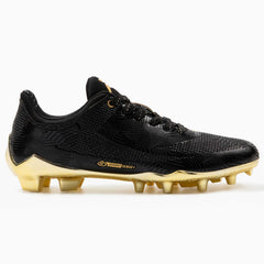 Phenom Elite Quantum Carbon Gold Rush Black & Gold football cleat — back heel view with metallic gold detailing