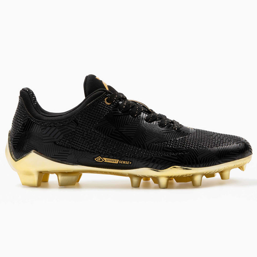 Phenom Elite Quantum Carbon Gold Rush Black & Gold football cleat — back heel view with metallic gold detailing