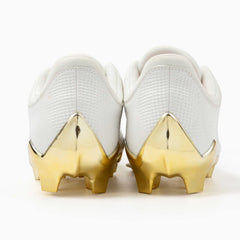 Phenom Elite Quantum Carbon Gold Rush White & Gold football cleat — side profile, low-cut speed silhouette