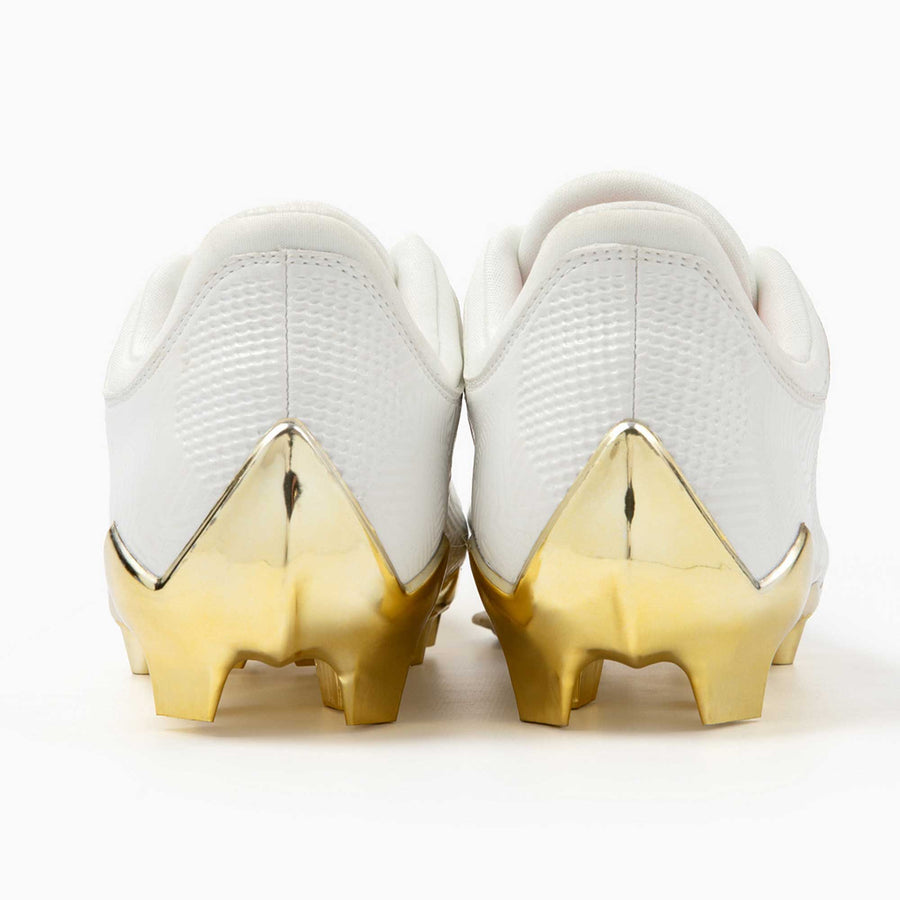Phenom Elite Quantum Carbon Gold Rush White & Gold football cleat — side profile, low-cut speed silhouette