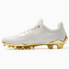Phenom Elite Quantum Carbon Gold Rush White & Gold football cleat — close-up of white upper and gold accents