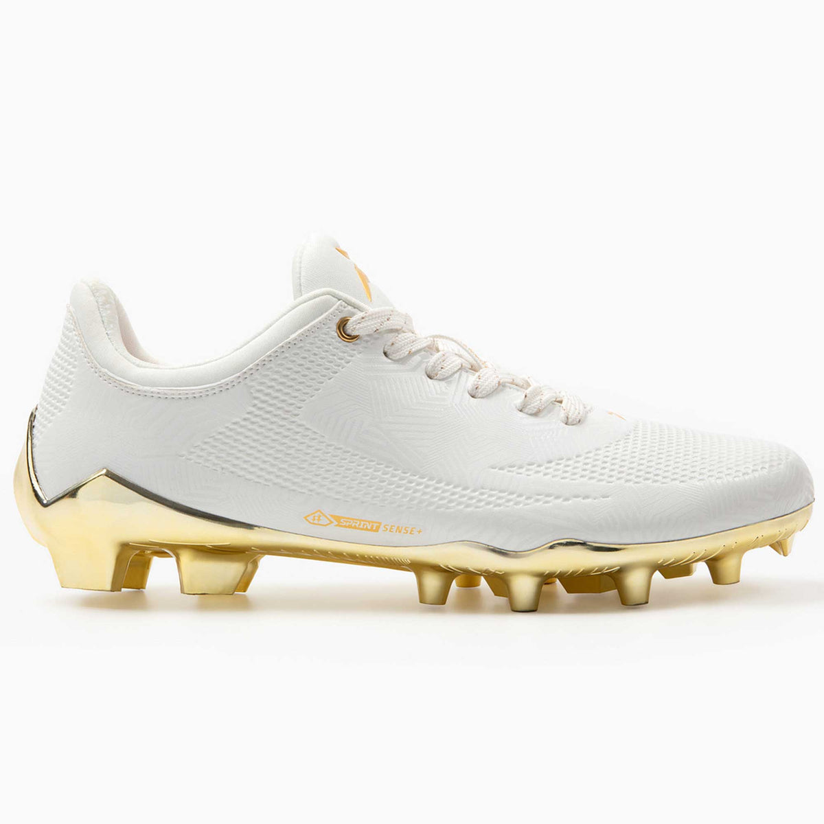Phenom Elite Quantum Carbon Gold Rush White & Gold football cleat — back heel view with metallic gold detailing