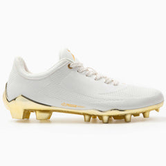 Phenom Elite Quantum Carbon Gold Rush White & Gold football cleat — back heel view with metallic gold detailing