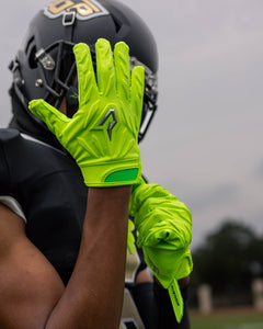 Phenom Elite Quantum Fierce slime green padded football gloves lifestyle