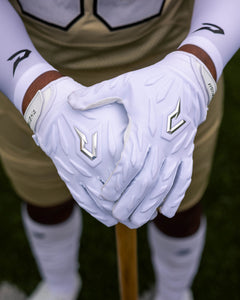 Phenom Elite Quantum Fierce white padded football gloves lifestyle