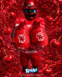 Phenom Elite Kool-Aid Cherry football cleat — back view with liquid splatter