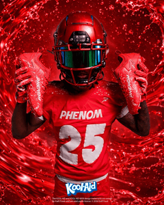 Phenom Elite Kool-Aid Cherry football cleat — cleats up close with splatter