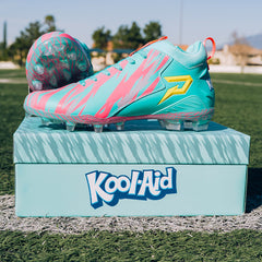 Phenom Elite Kool-Aid Sharkleberry Fin football cleat lifestyle photo — cleats display