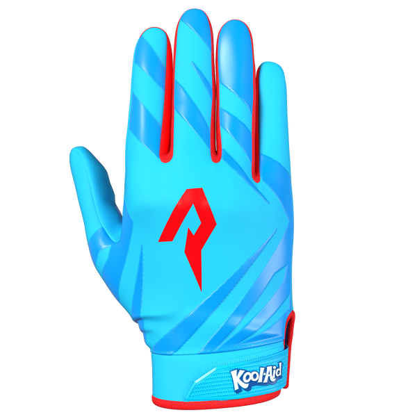 Phenom Elite Kool-Aid Mixed Berry Vapor-Stick football gloves — electric blue lightning-pattern licensed Kool-Aid gloves, palm view showing silicone Vapor-Stick grip