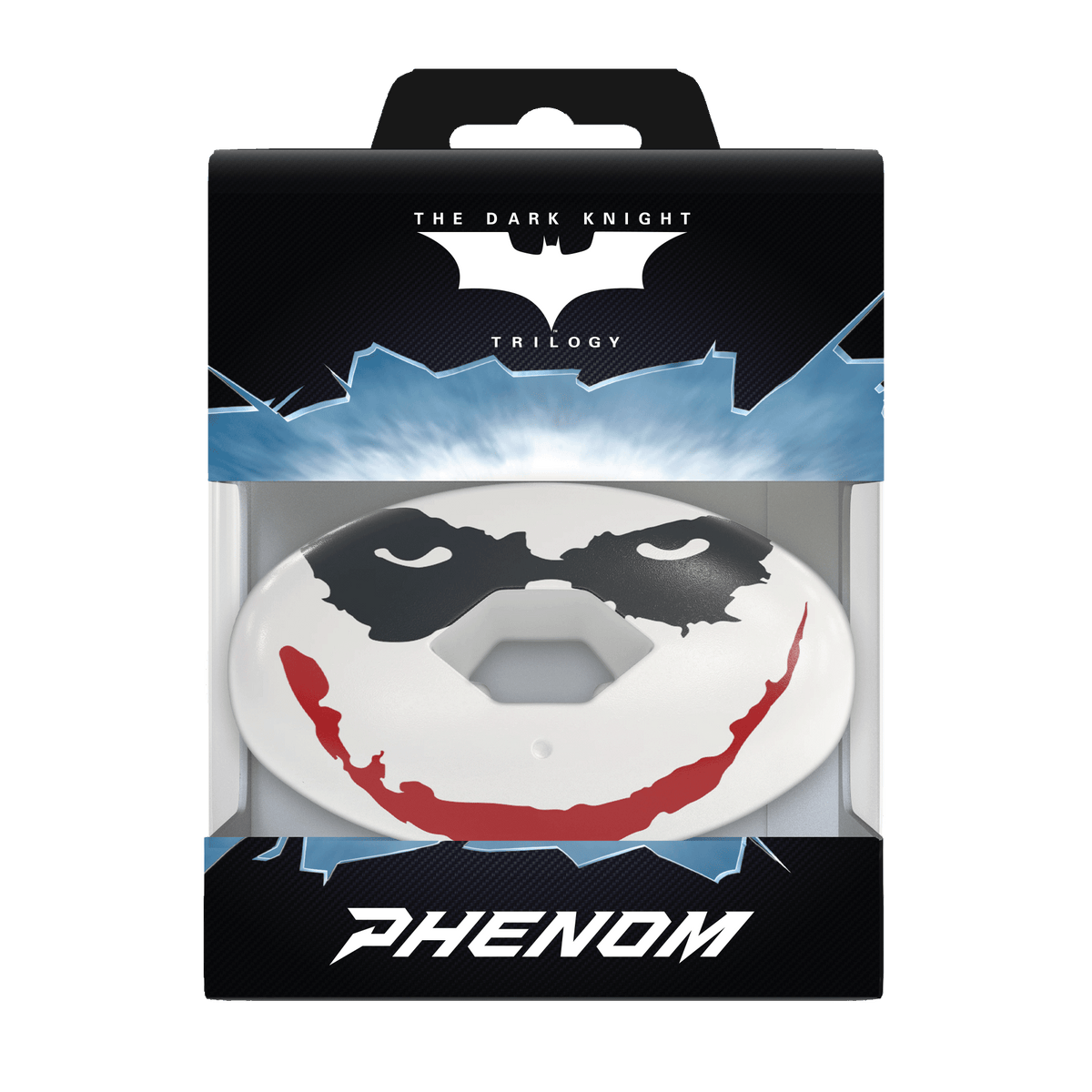 Phenom Elite x DC Comics The Joker Hexa-Flow football mouthguard — packaged box shot, licensed purple and green Joker design
