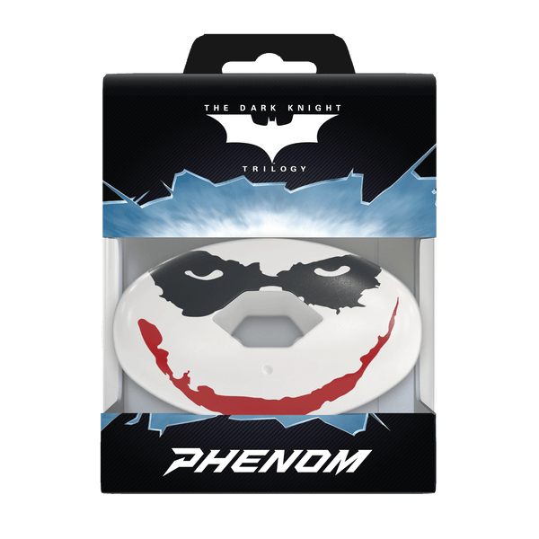 Phenom Elite x DC Comics The Joker Hexa-Flow football mouthguard — packaged box shot, licensed purple and green Joker design