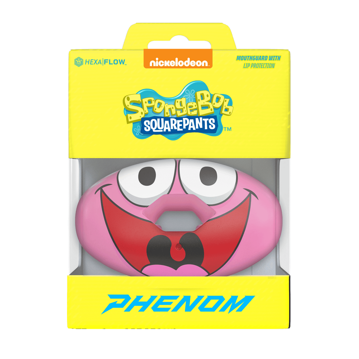 Phenom Elite x Nickelodeon SpongeBob Patrick Star Hexa-Flow football mouthguard — packaged box shot, licensed pink Patrick design