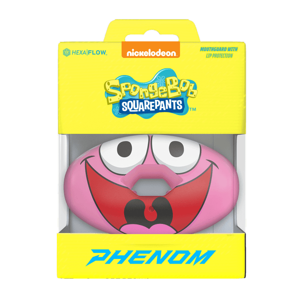 Phenom Elite x Nickelodeon SpongeBob Patrick Star Hexa-Flow football mouthguard — packaged box shot, licensed pink Patrick design