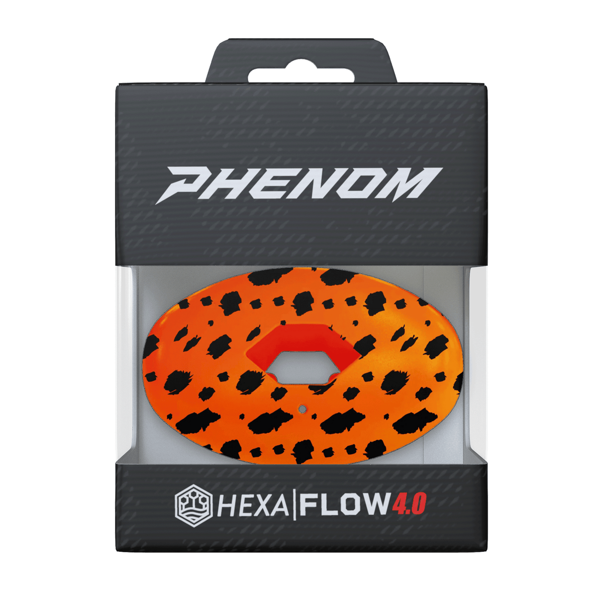 Phenom Elite Hexa-Flow Cheetah football mouthguard — packaged box shot, orange and black cheetah animal print