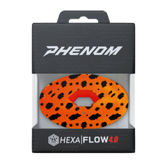 Phenom Elite Hexa-Flow Cheetah football mouthguard — packaged box shot, orange and black cheetah animal print