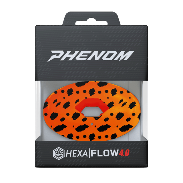 Phenom Elite Hexa-Flow Cheetah football mouthguard — packaged box shot, orange and black cheetah animal print