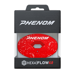 Phenom Elite Hexa-Flow Cherry football mouthguard — packaged box shot, bold Phenom red colorway