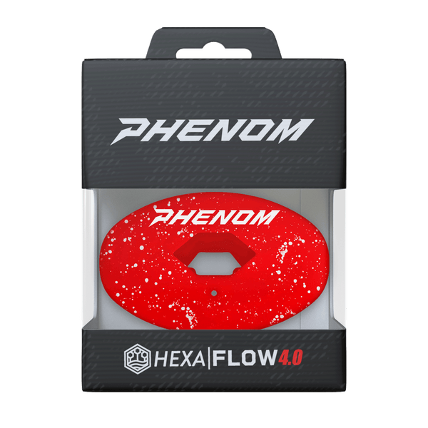 Phenom Elite Hexa-Flow Cherry football mouthguard — packaged box shot, bold Phenom red colorway
