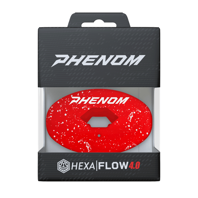 Phenom Elite Hexa-Flow Cherry football mouthguard — packaged box shot, bold Phenom red colorway