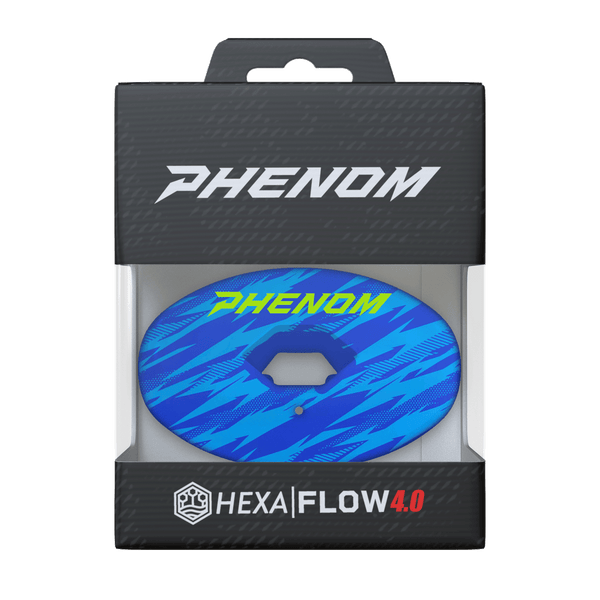 Phenom Elite Hexa-Flow Dini football mouthguard — packaged box shot, royal blue Bluedini colorway