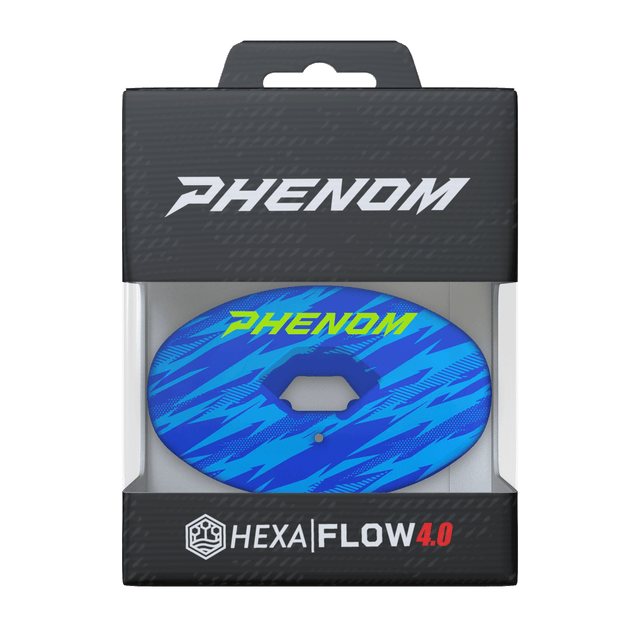 Phenom Elite Hexa-Flow Dini football mouthguard — packaged box shot, royal blue Bluedini colorway
