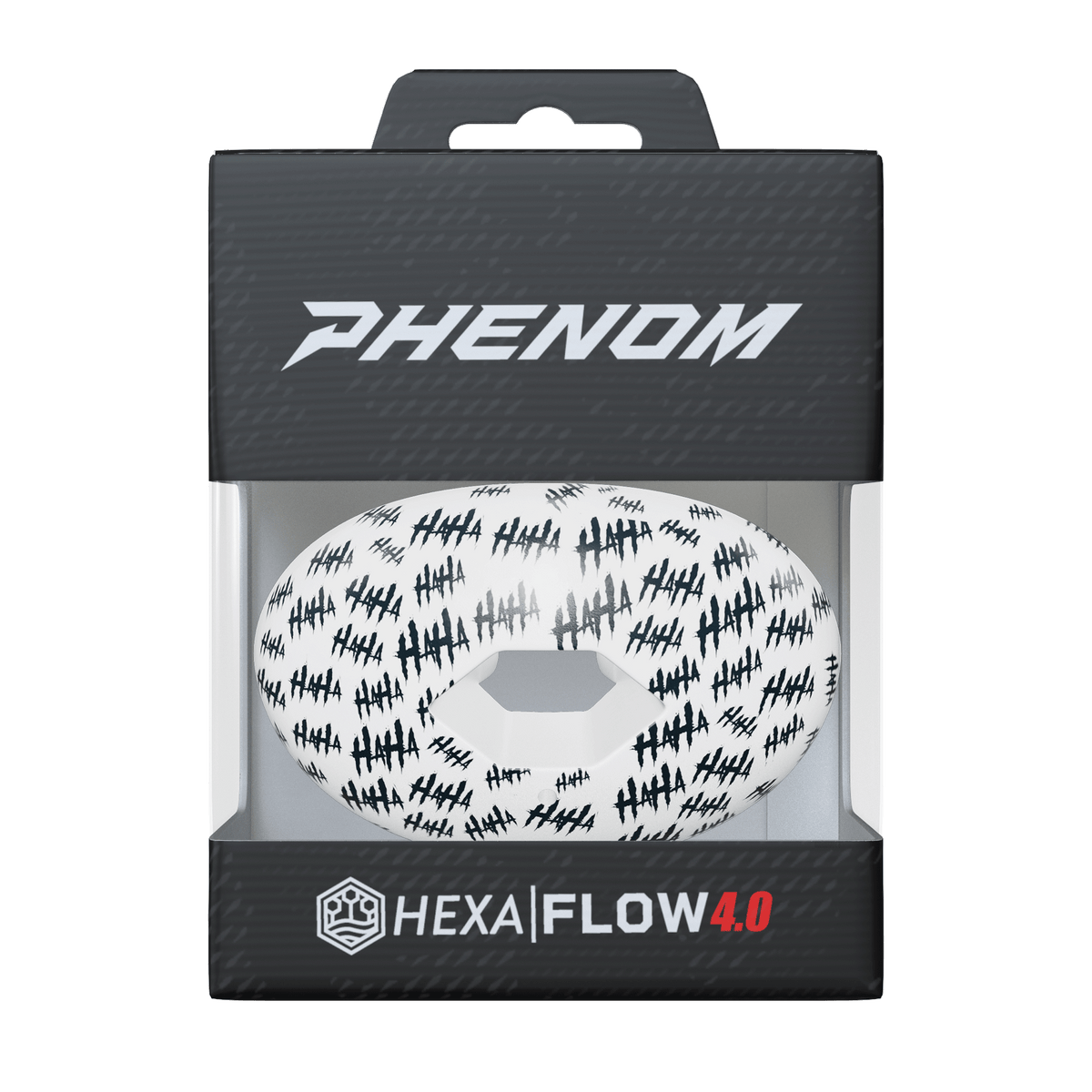 Phenom Elite Hexa-Flow Haha football mouthguard — packaged box shot, black-and-white Haha pattern
