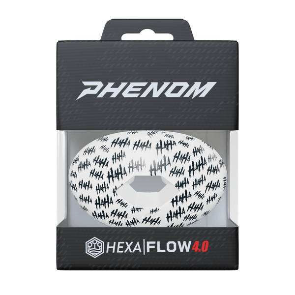 Phenom Elite Hexa-Flow Haha football mouthguard — packaged box shot, black-and-white Haha pattern