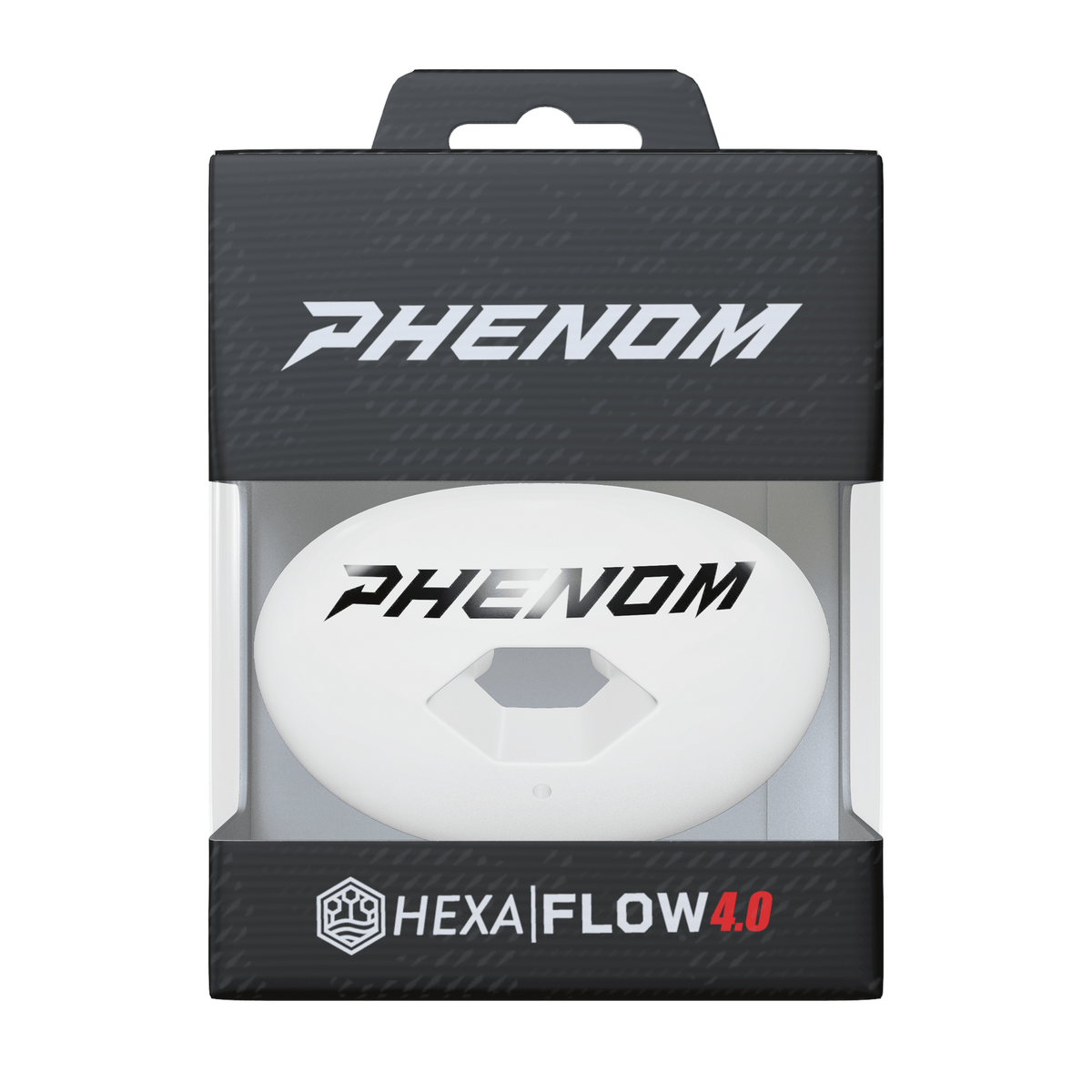 Phenom Elite Hexa-Flow White football mouthguard — packaged box shot, solid white ready-to-wear design