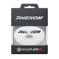 Phenom Elite Hexa-Flow White football mouthguard — packaged box shot, solid white ready-to-wear design