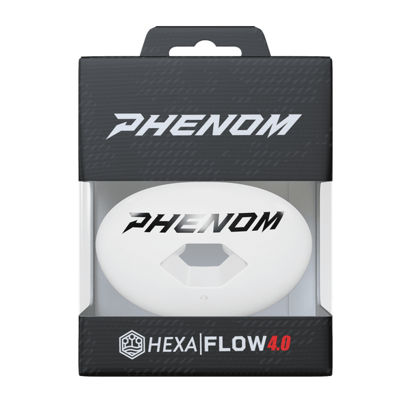 Phenom Elite Hexa-Flow White football mouthguard — packaged box shot, solid white ready-to-wear design