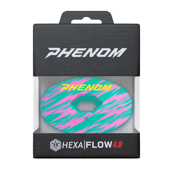 Phenom Elite Hexa-Flow Sharkle football mouthguard — packaged box shot, teal Sharkleberry Fin colorway